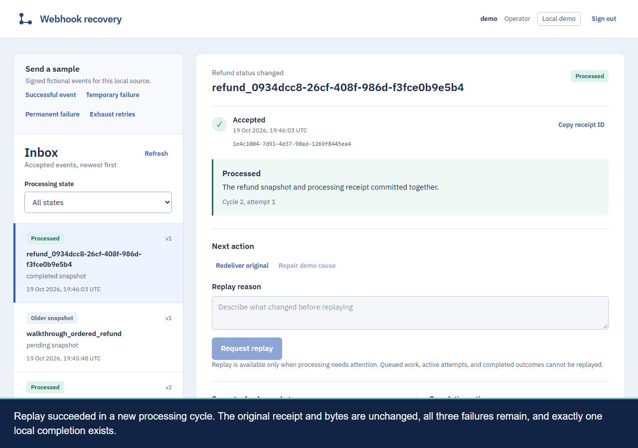 Webhook recovery console showing a processed event and its original acceptance receipt